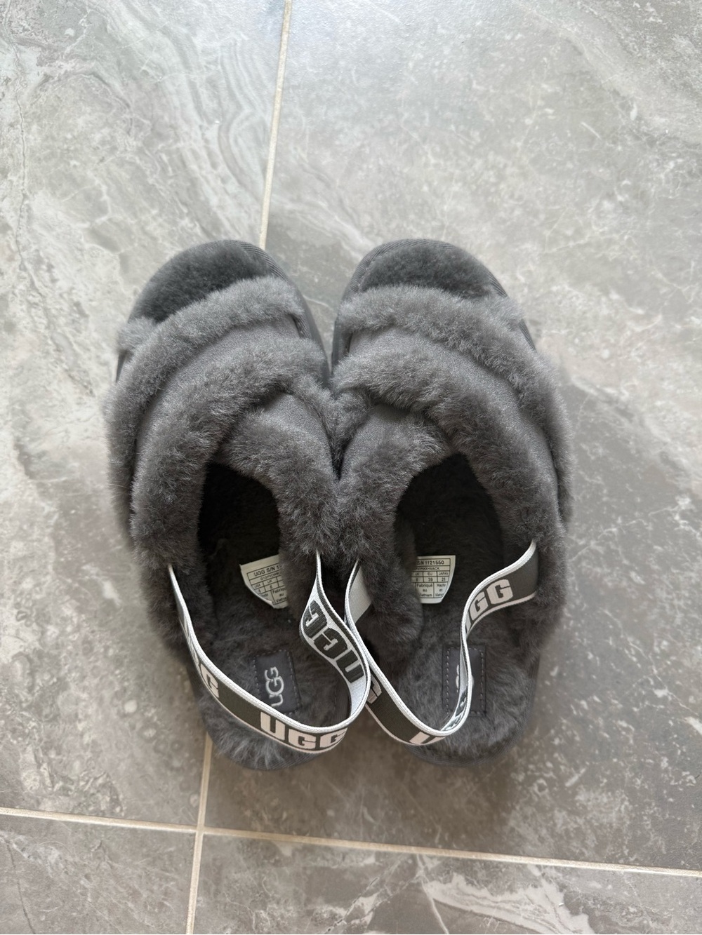 UGG Women’s Grey Fuzzy Crossband Slide Sandals with Branded Heel Strap